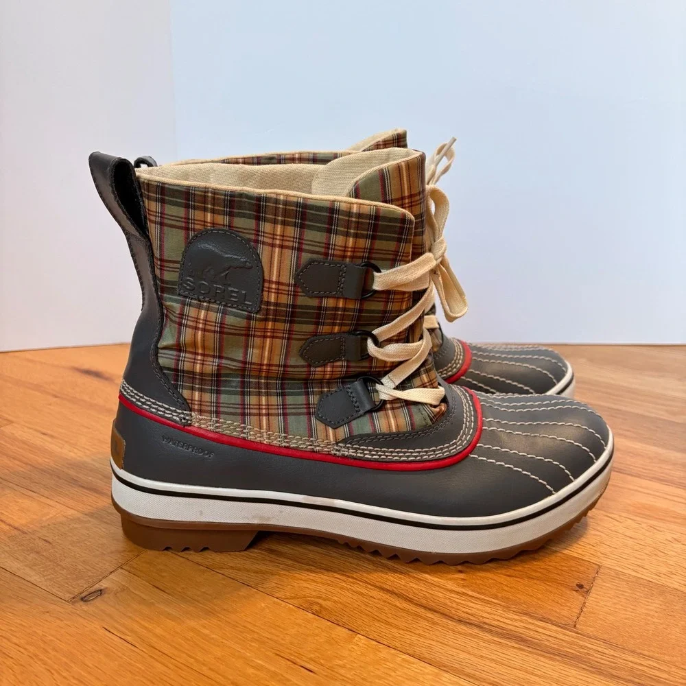 Sorel Tivoli Plaid Waterproof Winter Boots Blue Grey Tan Size 10
